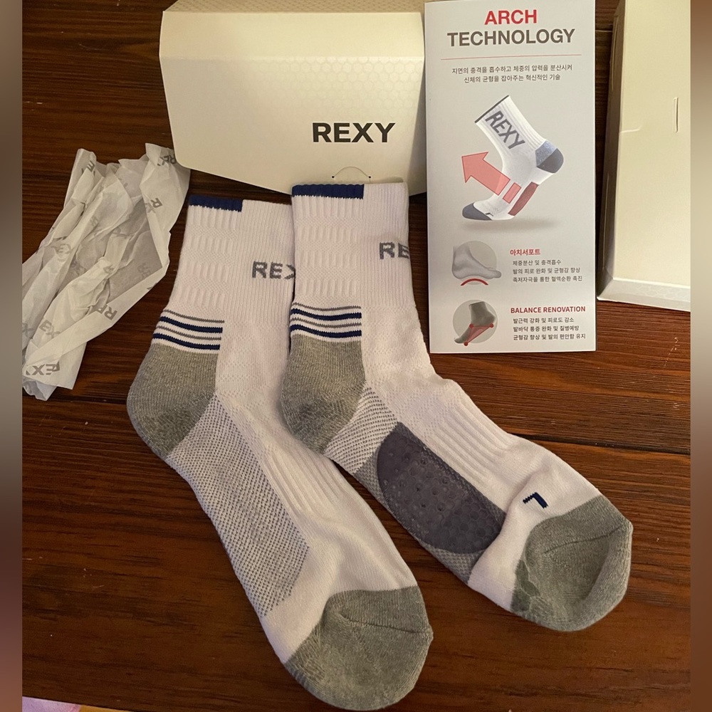 REXY Arch technology balancing crew socks. Size large. White with blue and gray